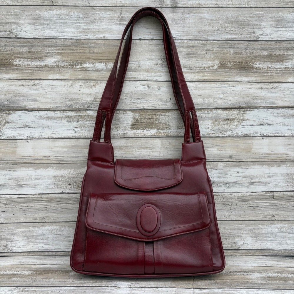 VTG Lou Taylor Italy Shoulder Bag Purse Burgundy Leather Pop Up Swivel Mirror